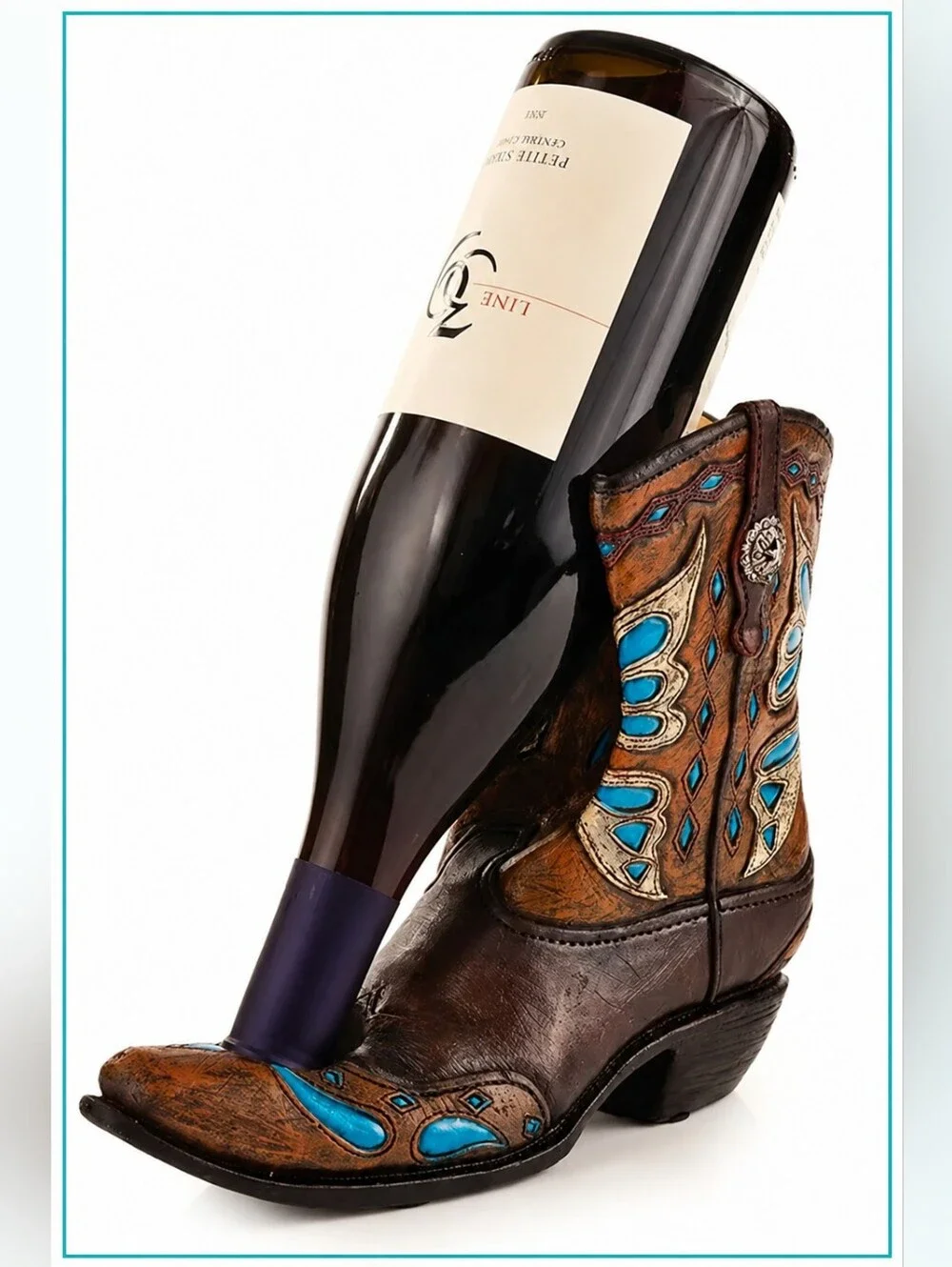 Decorative Country Western Boot Wine Bottle Holder Resin w Inlaid Turquoise
